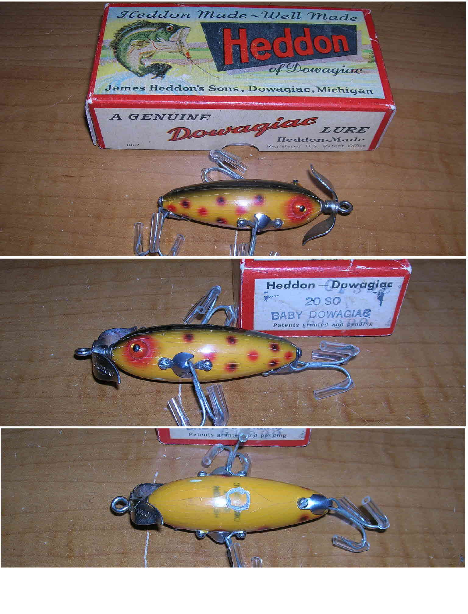Heddon SOS Vintage Painted Eye Wood Wounded Minnow Propellor Fishing Lure