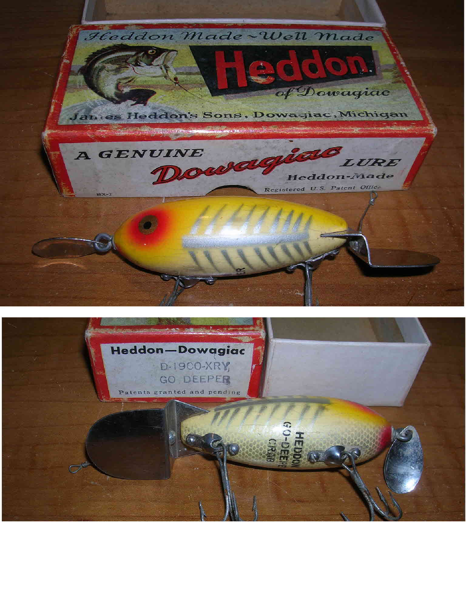 A 5" vintage Heddon Dowagiac Jointed Vamp wood lure #7300RH with the  original box from the 1960s. - Antique Mystique