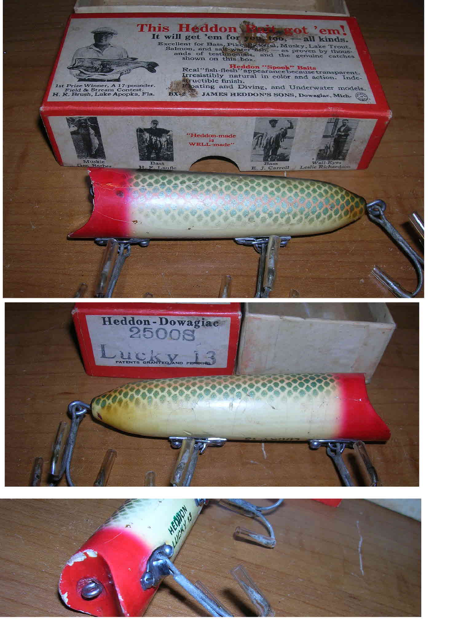 LOT OF 2 HEDDON BABY LUCKY 13 WOODEN FISHING LURE USED TACKLE BOX FIND